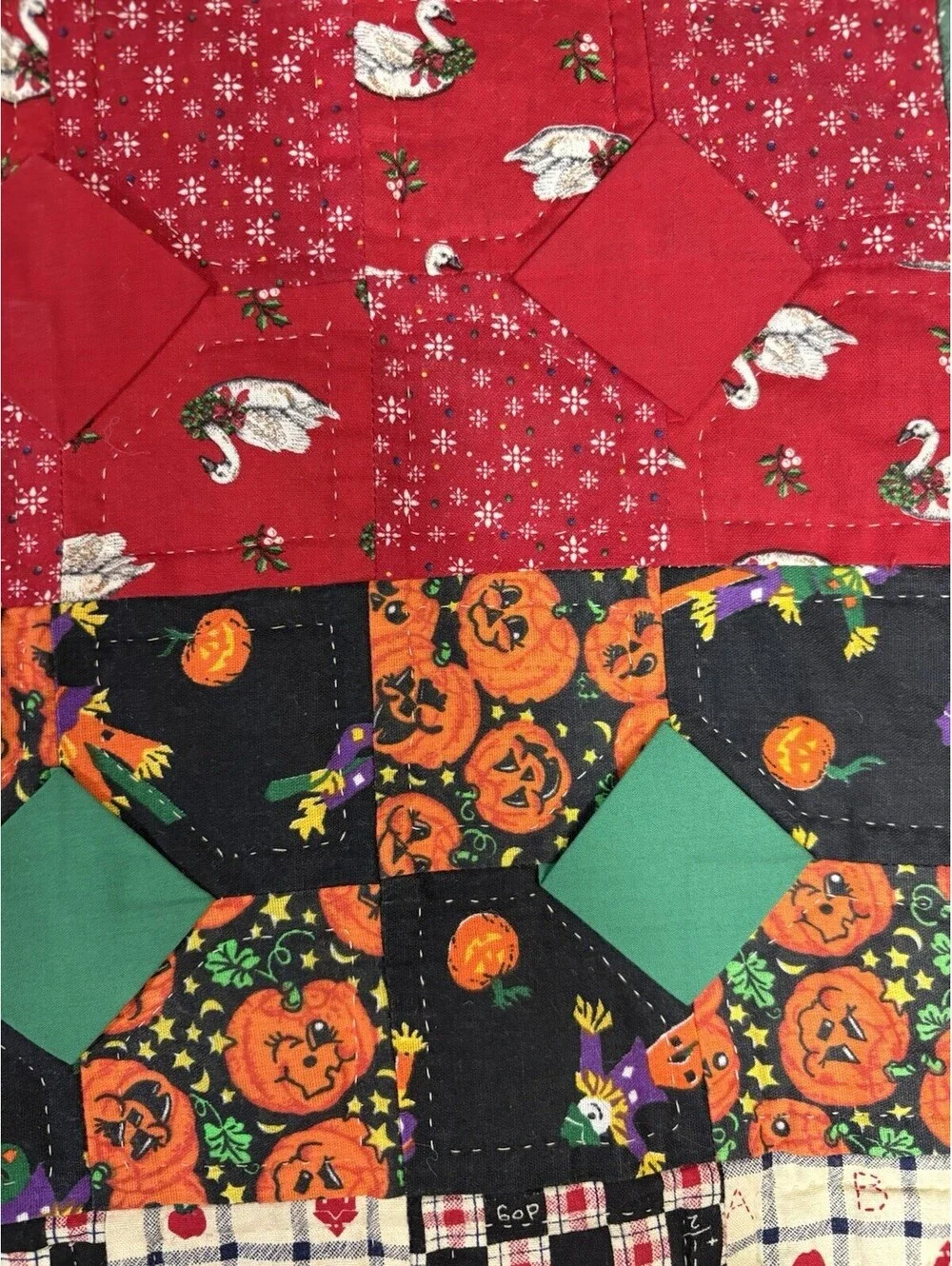 Vintage Handmade Holiday Sampler Patchwork Quilt 43x42 Christmas Halloween USA